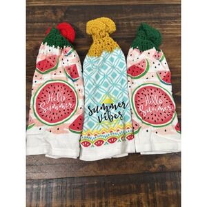 3 Handmade Crochet top Kitchen Hanging Hand Towels Summer Vibes Hello Summer 16"